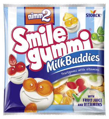 nimm2 Smilegummi gumicukorka - sovány tejes réteggel - Vegyes gyümölcs ízű gumicukorka vitaminokkal és sovány tejes réteggel