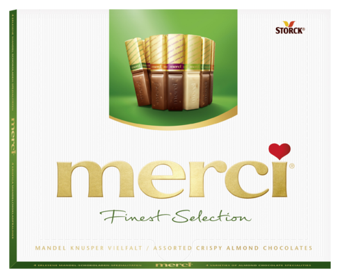 merci Mandulás Válogatás 250g - Csokoládékülönlegesség ropogós manduladarabkákkal (9,2%).