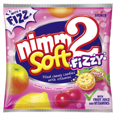 nimm2 soft Fizzy - Pezsgő hatású, gyümölcs ízű porral töltött gyümölcsös olvadó cukorka gyümölcslével és vitaminokkal