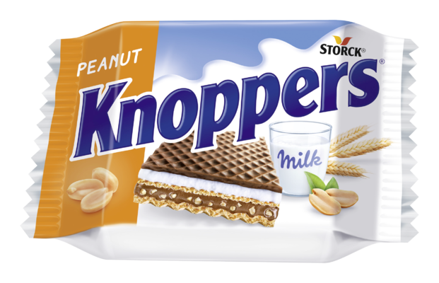 Knoppers Peanut 25g - Wafelek nadziewany (krem z orzeszków ziemnych 26,7% z solonymi, siekanymi orzeszkami ziemnymi 8,9%, nadzienie mleczne 30,3%)