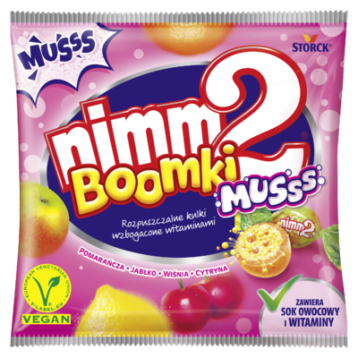 nimm2 Boomki Musss 90g - Rozpuszczalne cukierki owocowe z musującym nadzieniem wzbogacone witaminami
