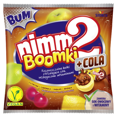 nimm2 Boomki + Cola 90g - Rozpuszczalne cukierki owocowe z nadzieniem o smaku coli wzbogacone witaminami