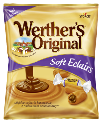 Werther's Original Soft Eclairs 70g - Miękkie, karmelowe cukierki toffi z nadzieniem czekoladowym (25%)
