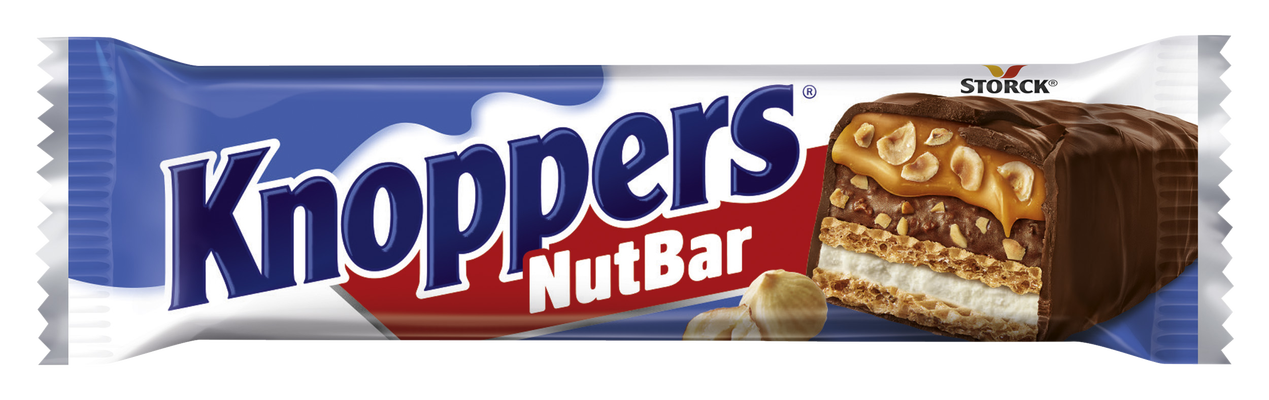 Knoppers NutBar - Vafel pločica s mliječnom kremom (14,4%), nugat-kremom (14%), sjeckanim lješnjacima (13,4%) i karamelom (22,2%), prelivena mliječnom čokoladom (29,5%)