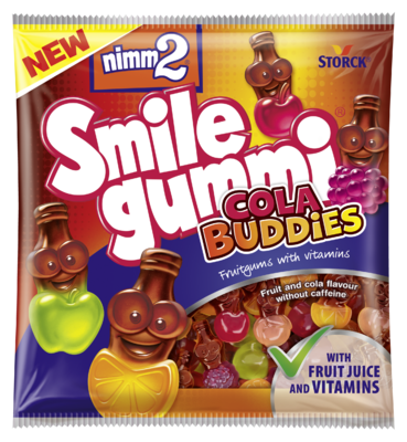 nimm2 Smilegummi Cola Buddies - Ovocné želé s vitamínmi a kolovou príchuťou.