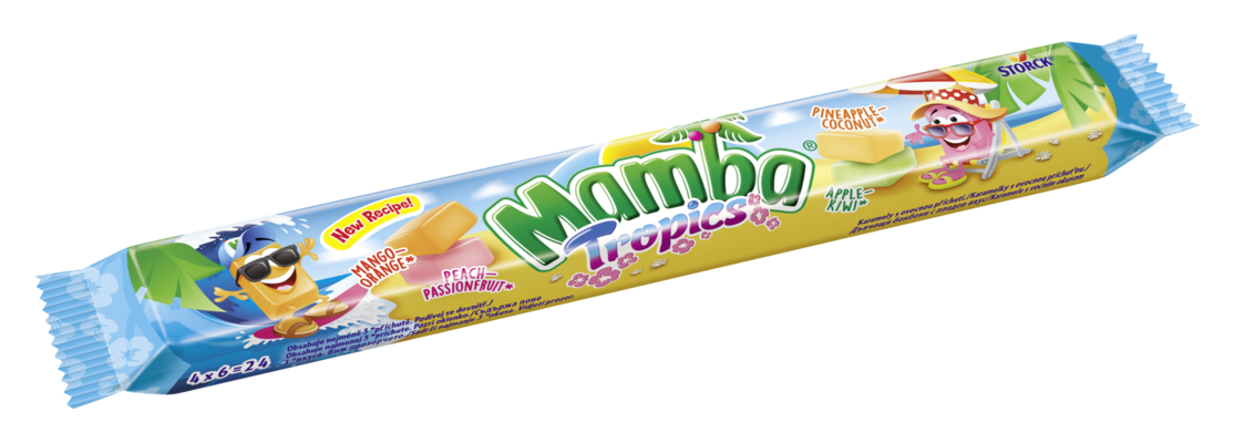 Mamba Tropics stickpack - Karamely s ovocnou příchutí./Karamelky s ovocnou príchuťou.