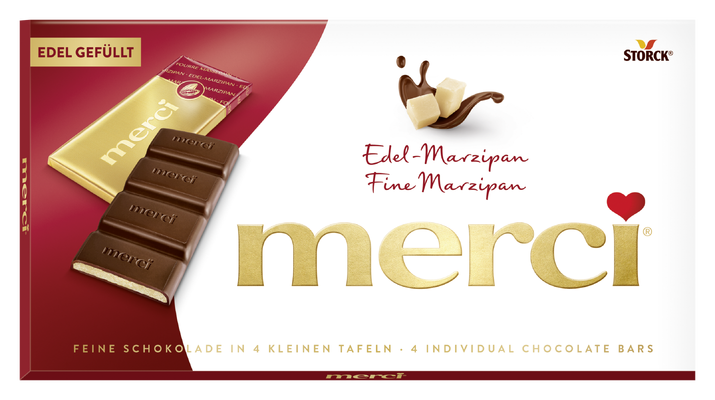 merci tabulková čokoláda marcipánová - Hořká čokoláda plněná marcipánovou náplní (38 %)/Jemná horká čokoláda s marcipánovou náplňou (38 %)