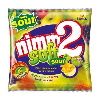 nimm2 Soft kyslé - Žuvacie cukríky s ovocnou náplňou a vitamínmi, kyslé