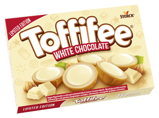 Toffifee White Chocolate 15 pieces - Celá jádra lískových ořechů (10 %) v karamelu (41 %) s mléčným krémem (37 %) a bílou čokoládou (12 %)./ Celé jadro lieskového orieška (10%) v karameli (41%), s mliečnym krémom (37%) a bielou čokoládou (12%).