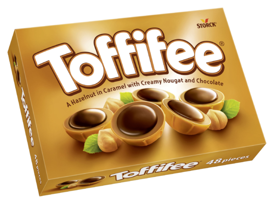 Toffifee 48 kosov - Lešnik (10 %) v karamelu (41 %) z nugat kremo (37 %) in čokolado (12 %).