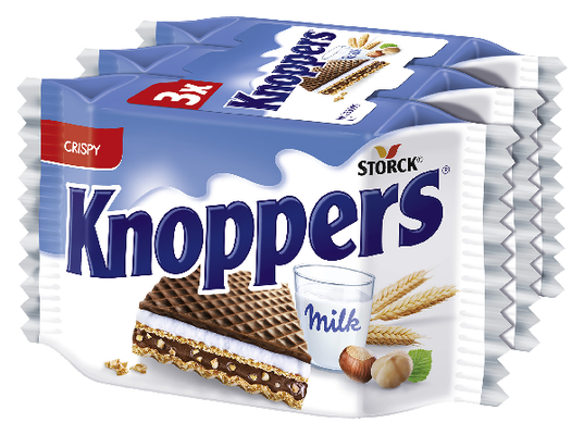 Knoppers 3 piezas - Barquillos rellenos (con 30,2% de crema de leche y 29,4% de crema de avellanas)