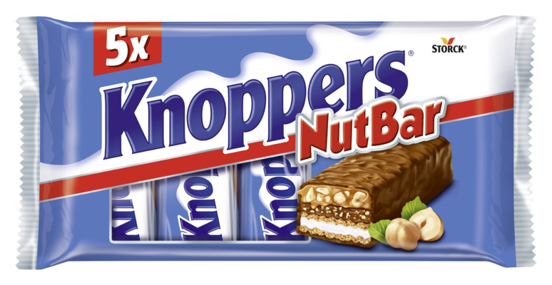Knoppers NutBar 5 pieces - Barra de barquillo con crema de leche (14,4%), crema de avellanas (14%), avellanas picadas (13,4%), y caramelo suave (22,2%) cubierto con chocolate con leche (29,5%).