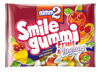 nimm2 Smilegummi fruta & yogur - Caramelos blandos con zumo de frutas y una capa de leche fermentada desnatada (40%), con 6 vitaminas