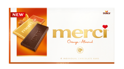 merci Tablets Orange-Almond - Mörk choklad/Mørk chokolade med bitar/stykker av mandel (6%) och koncentrerad apelsinjuice (2%)