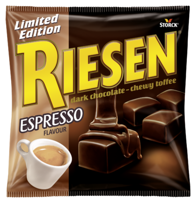 RIESEN Espresso - Chokladkola täckt med kraftig mörk choklad (30 %)/Chokoladekaramel overtrukket med kraftig mørk chokolade (30 %) med espressosmak