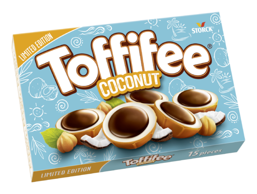 Toffifee Coconut 15 bitar - En hasselnöt/hasselnød/hasselnøtt (10%) i kola/karamel (41%) med kokoskräm-fyllning/kokosnødcreme (37%) och choklad/chokolade (12%)