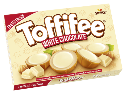Toffifee White Chocolate 15 bitar - En hasselnöt/hasselnød/hasselnøtt (10 %) i kola/karamel (41 %) med skummjölk/skummetmælk-krämfyllning/creme fyld (37%) toppat med vit/hvid choklad/chokolade/sjokolade (12 %)