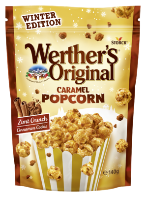 Werther's Original Caramel Popcorn Cinnamon Cookie - Popcorn och bitar av fullkornssmörkakor/fuldkornssmørkiks/kjeks med kanel (14,5%) med gräddkolaöverdrag/flødekaramel overtræk (70%)