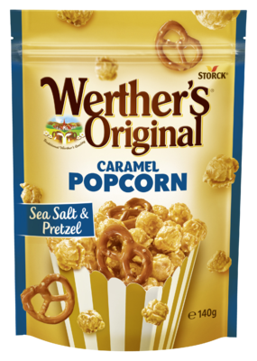 Werther's Original Caramel Popcorn Brezel - Popcorn och Pretzels/saltkringler (16%) med havssalt och gräddkolaöverdrag/med flødekaramel-havsalt overtræk (71%)