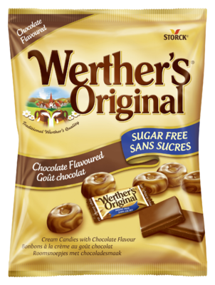 Werther's Original Caramel Chocolate sugar free - Sockerfria/Sukkerfrie gräddkarameller/flødebolsjer/fløtekarameller med chokladsmak/chokoladesmag. Innehåller sötningsmedel/indeholder sødestoffer.
