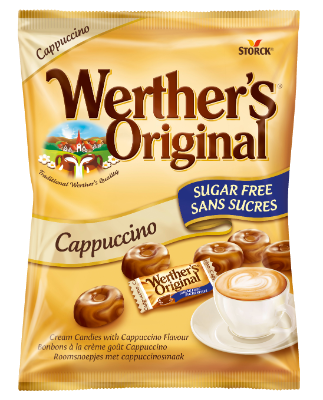 Werther's Original Sugar Free Cappuccino - Sockerfria gräddkarameller med cappuccinosmak. Innehåller sötningsmedel.